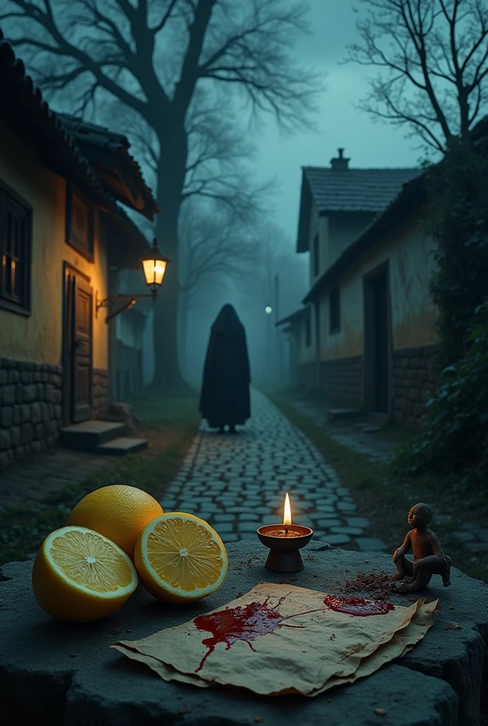 9:16 size image featuring a night-time scene in an old village at a crossroads. The scene includes a cut lemon with blood on it, a small dough doll, a ghee lamp, and an old paper in the middle of the path. Nearby, an old, dangerous-looking lady stands menacingly, adding to the eerie and unsettling atmosphere. I