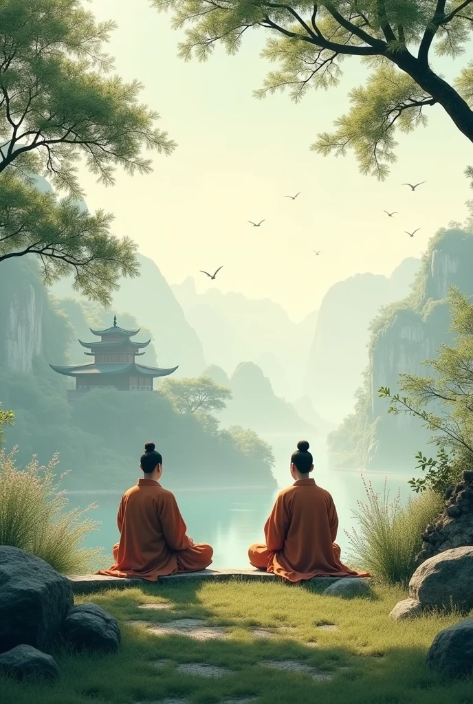 Han Dynasty Temple，Two Taoists sitting opposite each other practicing，Practice Zen，pagoda，Grassy，Tree，Floral scent，This bird，autumn，Sunset，（Chinese landscape painting），（Ink Painting），（8k wallpaper），（Light and shadow effects），Octane Rendering，White balance design，Extremely detailed picture depiction，Wide Angle，Depth of Field，masterpiece，Realistically，Beautifully depicted，detailed，Acura，masterpiece，masterpiece
