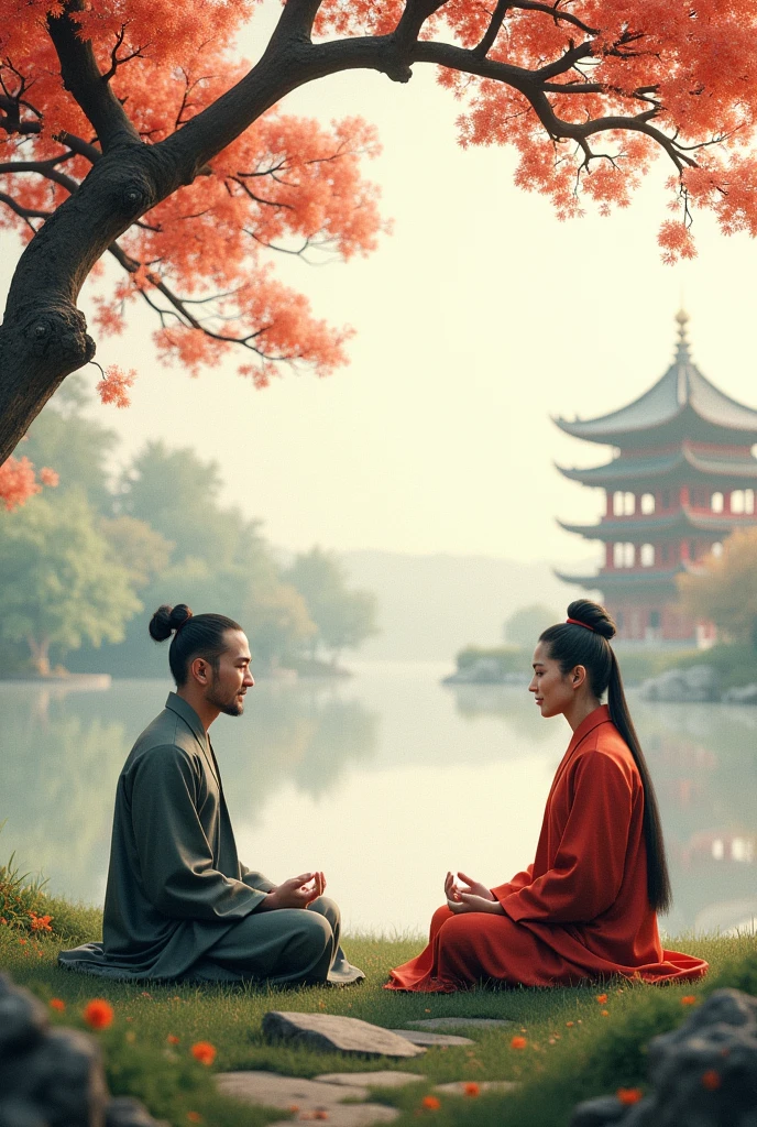 Han Dynasty Temple，Two Taoists sitting opposite each other practicing，Practice Zen，pagoda，Grassy，Tree，Floral scent，This bird，autumn，Sunset，（Chinese landscape painting），（Ink Painting），（8k wallpaper），（Light and shadow effects），Octane Rendering，White balance design，Extremely detailed picture depiction，Wide Angle，Depth of Field，masterpiece，Realistically，Beautifully depicted，detailed，Acura，masterpiece，masterpiece

