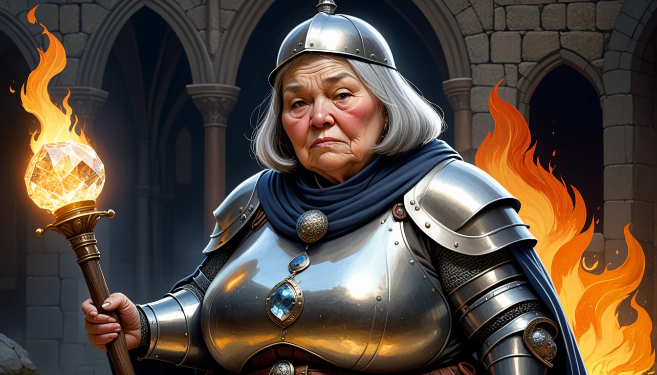 Highly detailed, UHD, 32k, medieval fantasy, Art Style of William Timlin, digital painting, an elderly matron human female chubby villager, with some grey hair, wrinkled face, clad in silver armor and helmet, holding a magical staff. At the top of the staff there is a magical crystal that emits flames. She is at a medieval city. Her face expression is one of evil and stupidity.