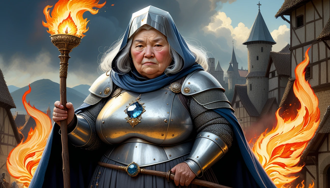 Highly detailed, UHD, 32k, medieval fantasy, Art Style of William Timlin, digital painting, an elderly matron human female chubby villager, with some grey hair, wrinkled face, clad in silver armor and helmet, holding a magical staff. At the top of the staff there is a magical crystal that emits flames. She is at a medieval city. Her face expression is one of evil and stupidity.