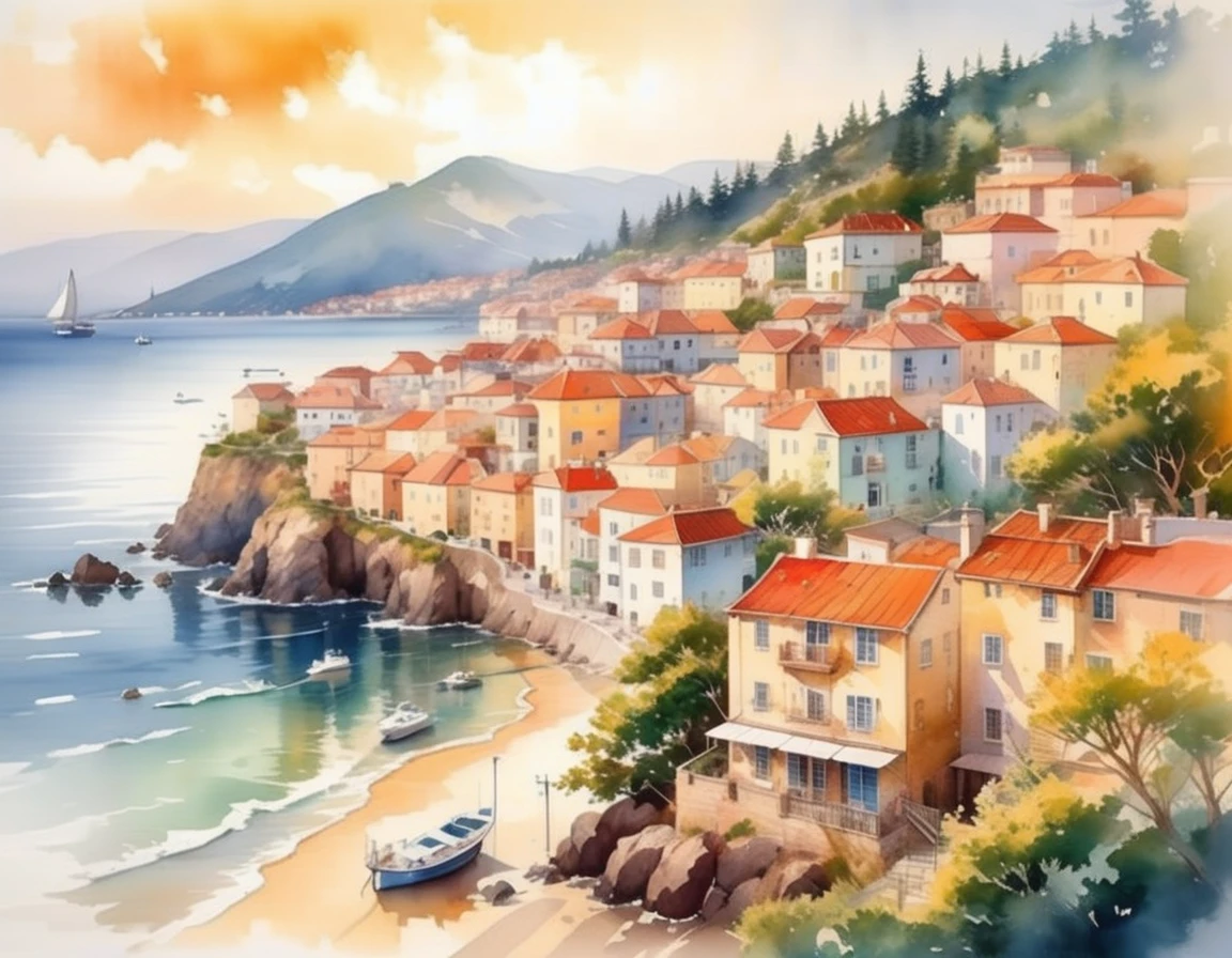 Watercolor painting, Masterpiece in 16K full resolution, Excellent quality, A stunning ((aerial view)) of a coastal city nestled between the mountains and the ocean, iconic landmarks, vibrant neighborhoods, golden hour lighting and atmospheric haze to create a sense of depth and dimension, intricate details of the buildings and streets, harmonious color scheme. | ((more_detail))