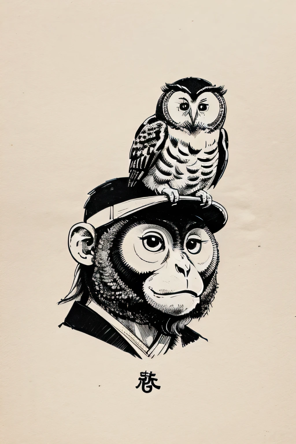 Monkey and owl logo. Japanese vintage style. Simple strokes. Hand drawing. Black and white colour only.