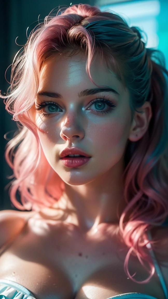 (((ultra realistic))) Photo, masterpiece, top quality, (ultra pale skin), (Ultra detailed face and eyes.:1.3), 1 girl, adult, In white lingerie ((eye makeup, pink mascara)), ((big detailed lips)), ((Light blue and pink wavy hair.)), ((stylish hairstyle)) , (big breasts), (Thin waist). ((Posing)), Photoshoot, (Suave) Turning on, (The game of lights and shadows), depth of field, bokeh, (Special attention to leather details.: 1.2), detailed leather texture, skin pores. (Erotic frame atmosphere.. Color combination: turquoise, yellow, blue, Tons), DR, ((film grain)), ((good heavens)), (Glare), ((portrait from the waist up)) , ultra detialed,