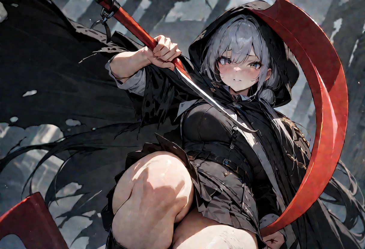 uhd, textured skin, high quality, high details, masterpiece, best quality, 1girl, grim Reaper, Twin tails, Black tattered cloak, Wearing a hood, mini skirt, (Big sickle, Carrying a sickle on his shoulder), There&#39;s a flame in his left eye, Blue effect on left eye, (Sitting on top of a building), Moonlit Night, Cat Familiars, Beautiful digital artwork