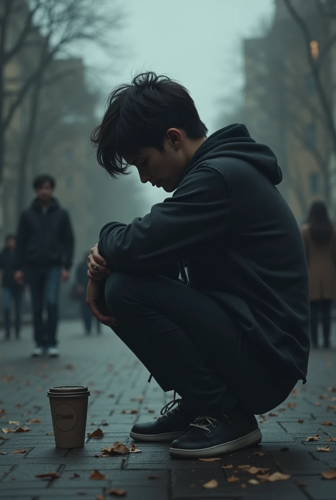 Uni student unaware about future and lost in deep thoughts sorrounded by many but is isolated or lonely. Add gloomy background to enhance the atmosphere 