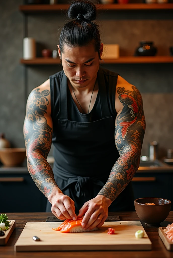 Image of A Sushi chef with japanese style sleeve tattoo