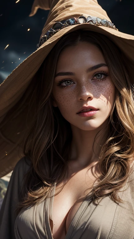 photorealistic, 35mm, intricate details, hdr, intricate details, hyperdetailed, natural skin texture, hyperrealism, sharp, 1 girl, adult (elven:0.7) woman, freckles, grey eyes, chestnut layered hair, portrait, looking down, solo, half shot, detailed background, witch hat, witch, magical atmosphere, hair flowing in the wind, red trimmed light colored clothes, whirlwind of swirling magic spell in the air, dark magic, (style-swirlmagic:0.8), floating particles,