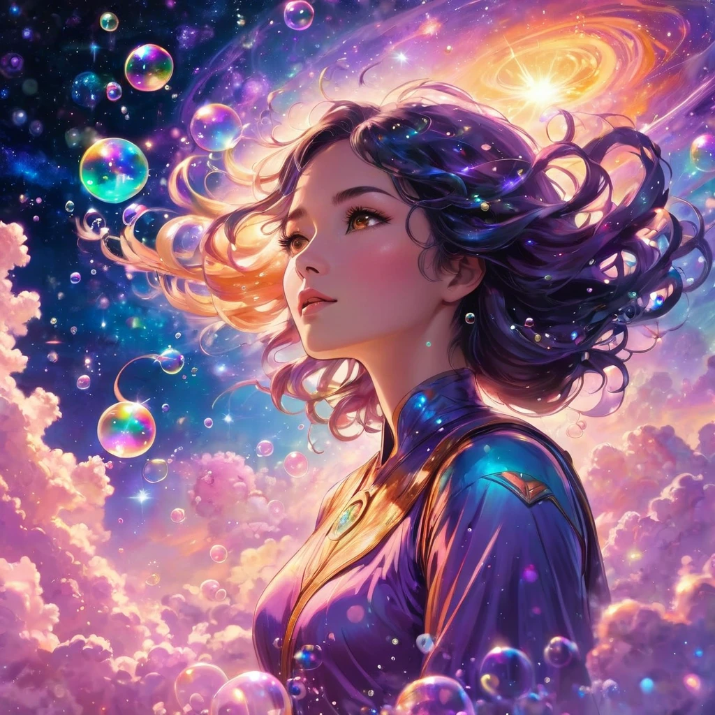 A beautiful woman floating in a vast cosmic space, surrounded by shimmering galaxies and nebulae. She is at the center of the universe, she is holding a wand in one hand that she blows lots of bubbles through, bubbles everywhere floating about, each bubble contains a universe, she is making the multiverse with each bubble,she is bathed in gentle shades of pink, orange, and soft purple. She radiates relaxation, the light of love permeating her entire being, and a profound sense of inner peace. The feeling of discovery and transcendence, an infinity symbol with shooting stars in the background.
MAKE HER BLOW BUBBLES THROUGH HER MAGIC WAND