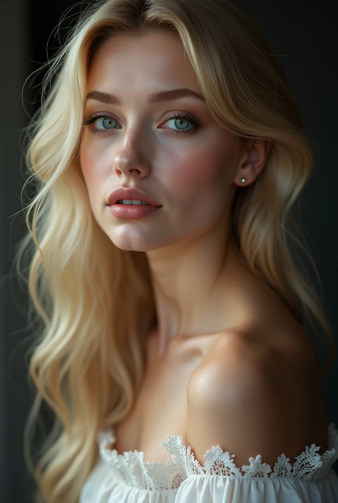 (((ultra realistic))) Photo, masterpiece, top quality, (pale skin), (Ultra detailed face and eyes:1.1), 1 girl, Adult, deep neckline, (Eye makeup, mascara) , ((large detailed lips)), ((blonde wavy hair)), ((Chyolka)) , ((Natural breasts)). ((Posing)), photoshoot, studio ((contour light)), (The play of light and shadows), depth of field, bokeh, (special attention to skin detail: 1.2), (Cold atmosphere of the frame, Bright colors, Colours black), ((portrait, close to the camera)) , ultra detialed,
