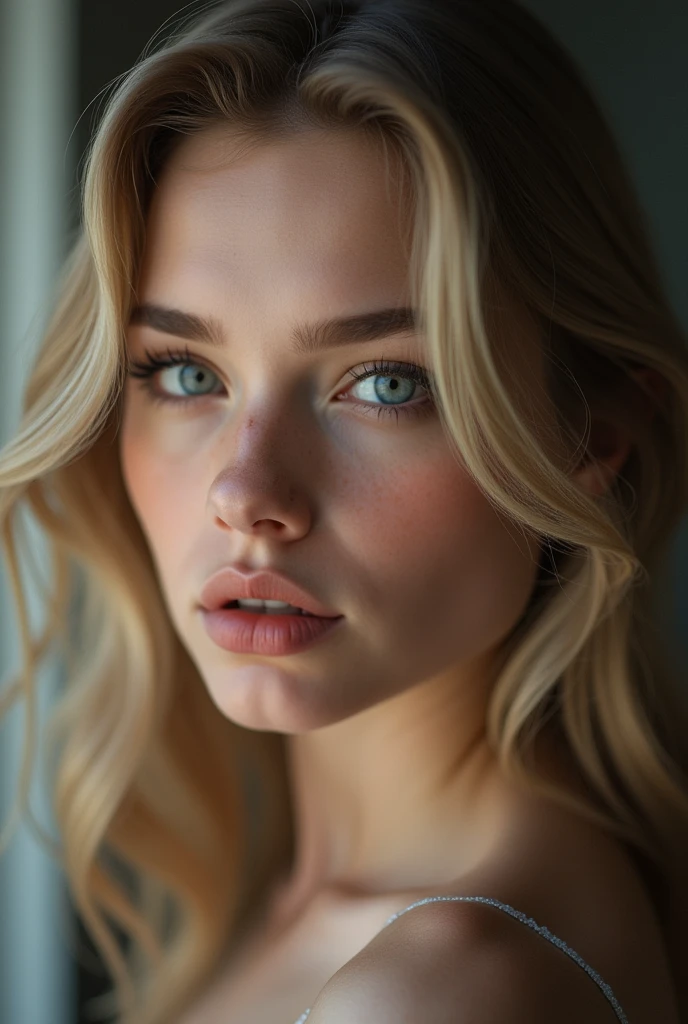 (((ultra realistic))) Photo, masterpiece, top quality, (pale skin), (Ultra detailed face and eyes:1.1), 1 girl, Adult, deep neckline, (Eye makeup, mascara) , ((large detailed lips)), ((blonde wavy hair)), ((Chyolka)) , ((Natural breasts)). ((Posing)), photoshoot, studio ((contour light)), (The play of light and shadows), depth of field, bokeh, (special attention to skin detail: 1.2), (Cold atmosphere of the frame, Bright colors, Colours black), ((portrait, close to the camera)) , ultra detialed,