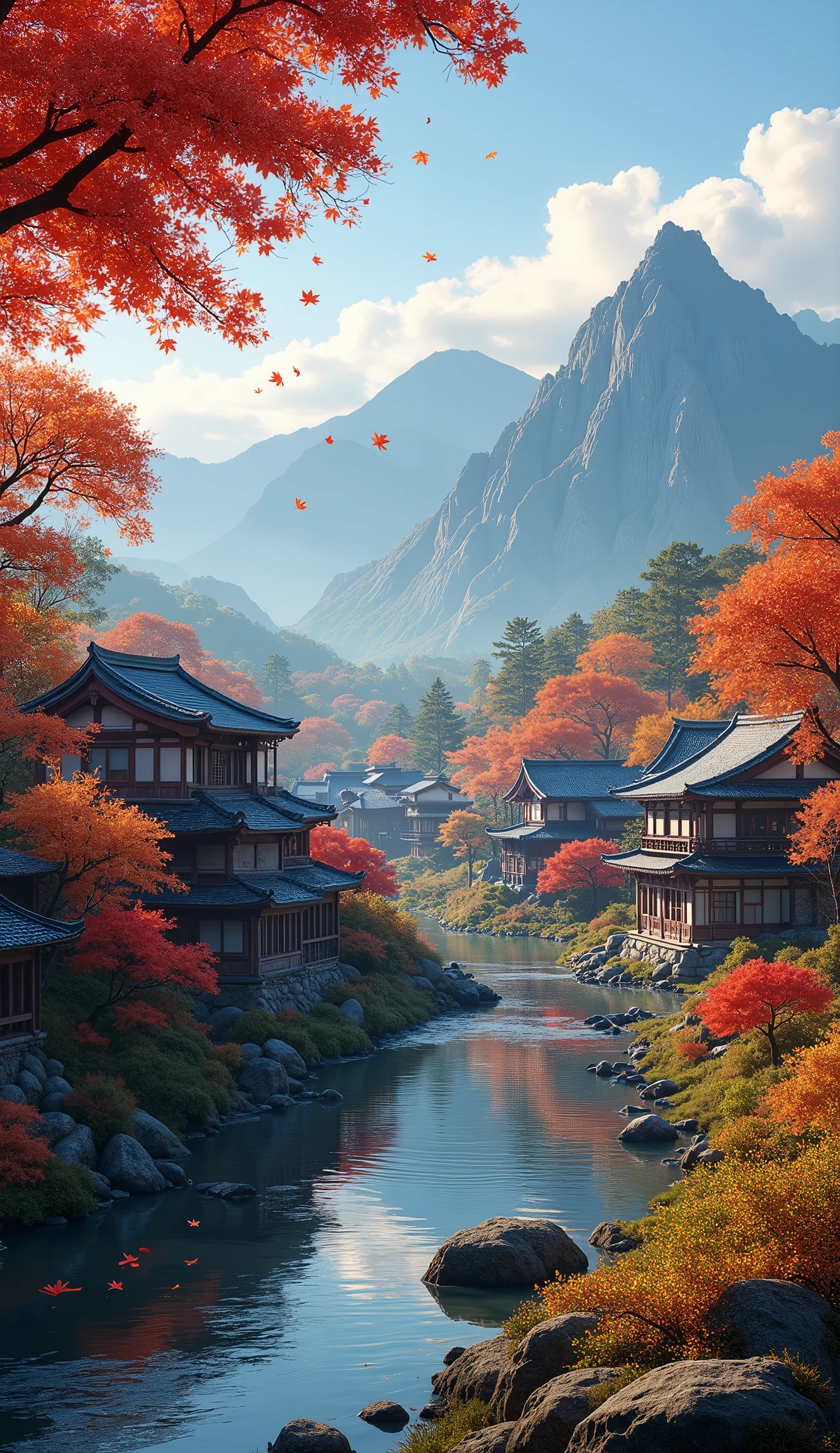 Create an 8K image of a traditional Japanese village nestled in a scenic valley during the peak of autumn. The landscape features a serene river reflecting the cloudy sky, with the mountains in the background enveloped in mist. The village consists of old, dark-roofed houses surrounded by vibrant autumn foliage, predominantly in shades of red, yellow, and orange. Maple leaves are gently falling, creating a peaceful and nostalgic atmosphere. Ensure the colors are vivid, and the textures of the leaves, roofs, and water are highly detailed. The overall mood should be tranquil and reflective.
