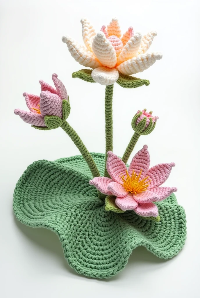 Create a Disney movie style crocheted Victoria Regia design with a white background