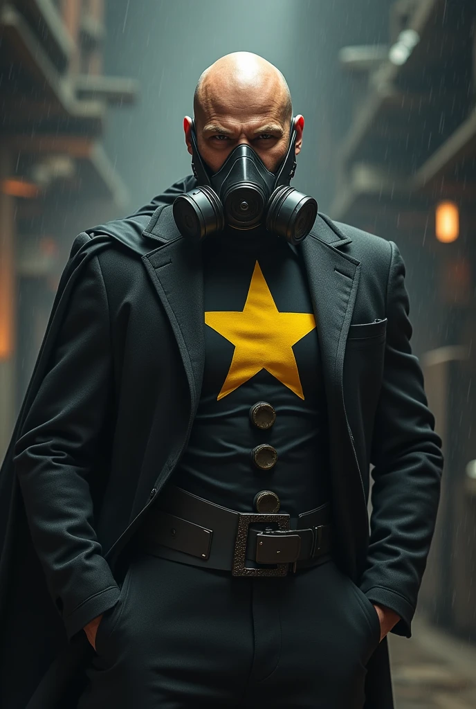 BALD MAN SKINNY RICH hero, DARK glue , YELLOW star on the chest, ARTPOP gas mask