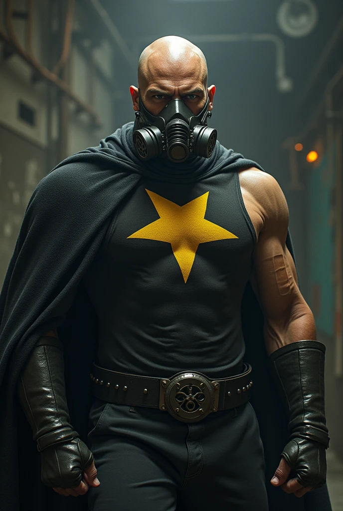 BALD MAN SKINNY RICH hero, DARK glue , YELLOW star on the chest, ARTPOP gas mask