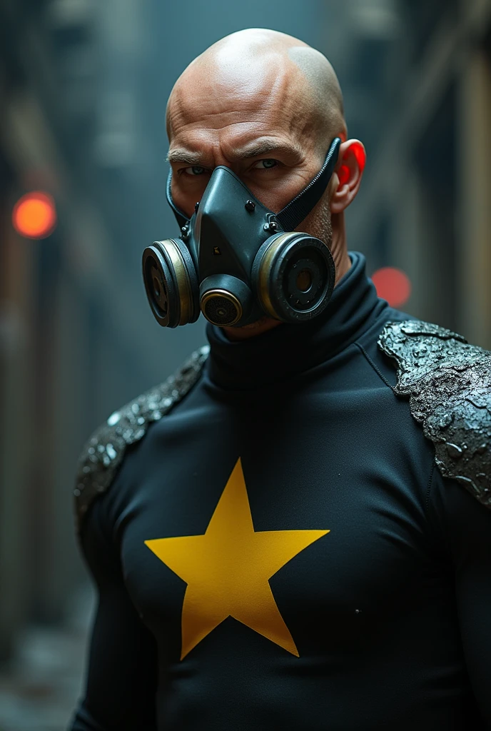 BALD MAN SKINNY RICH hero, DARK glue , YELLOW star on the chest, ARTPOP gas mask