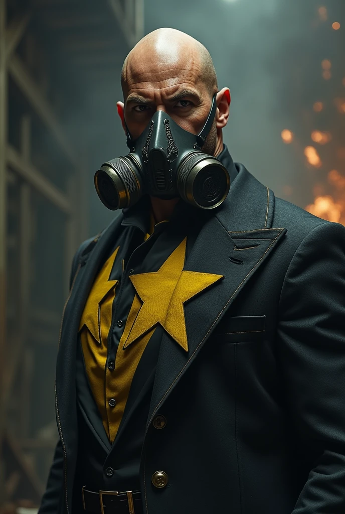 BALD MAN SKINNY RICH hero, DARK glue , YELLOW star on the chest, ARTPOP gas mask
