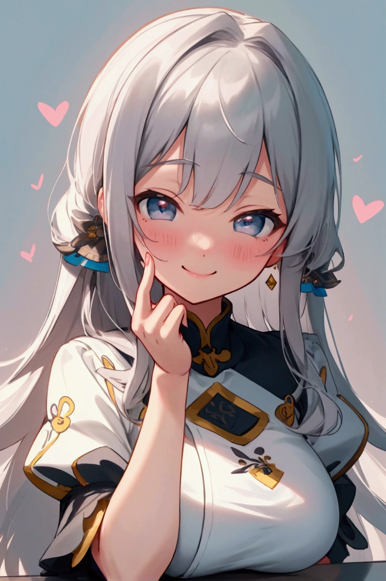 {Highest quality}, {とてもbeautiful}, {Very detailed}, {Best illustrations},masterpiece,Highest quality, Ultra-detailed illustrations、Gray Hair、長くbeautiful髪、cute、beautiful、Cute smile、Finger Heart Pose、Large Breasts