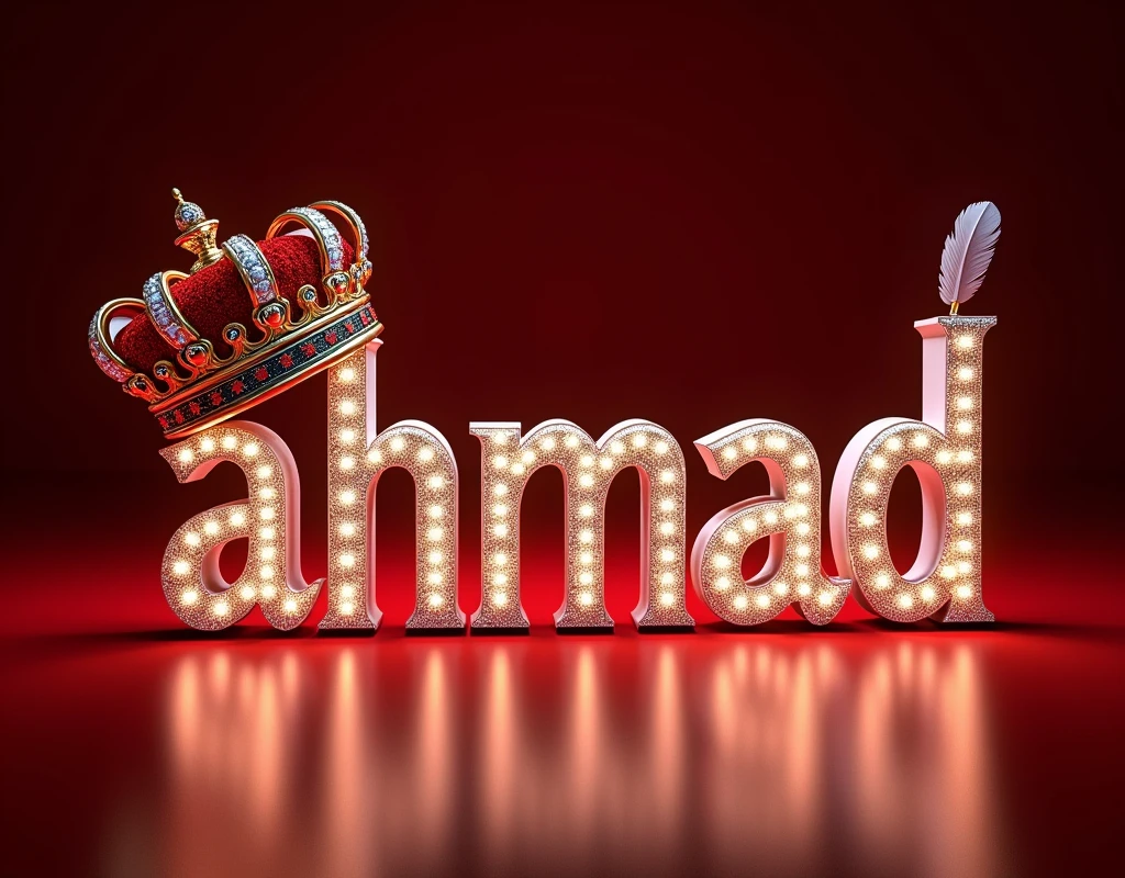 A mesmerizing and sophisticated 3D digital artwork featuring the name "Ahmad" in exquisite red,white,black lighting and diamond letters, adorned with a majestic royal red,golden,white lighting crown and a graceful feather. The bold, enchanting typography shimmers with a dusting of diamonds, illuminated by warm, silver,black,red lighting. The solid red glitter lighting background highlights the text and transforms the piece into a striking, cinematic poster. This eye-catching design masterfully combines elements of dark,red,with darkness fantasy, photography, architecture, typography, film, and 3D rendering, creating a truly enchanting visual experience that is perfect for architecture or cinema promotions and adds an unforgettable visual experience to any space. Signed by the artist "Creaciones_Celestiales CC" in the center of the image., photo, architecture, cinematic, 3d render, poster, illustration, typography