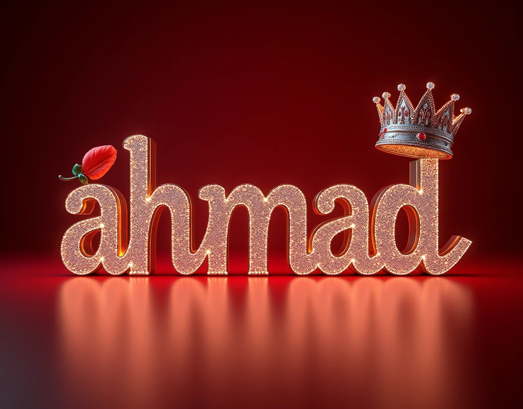 
A mesmerizing and sophisticated 3D digital artwork featuring the name "Ahmad" in exquisite red,white,black lighting and diamond letters, adorned with a majestic royal red,golden,white lighting crown and a graceful feather. The bold, enchanting typography shimmers with a dusting of diamonds, illuminated by warm, silver,black,red lighting. The solid red glitter lighting background highlights the text and transforms the piece into a striking, cinematic poster. This eye-catching design masterfully combines elements of dark,red,with darkness fantasy, photography, architecture, typography, film, and 3D rendering, creating a truly enchanting visual experience that is perfect for architecture or cinema promotions and adds an unforgettable visual experience to any space. Signed by the artist "Creaciones_Celestiales CC" in the center of the image., photo, architecture, cinematic, 3d render, poster, illustration, typography