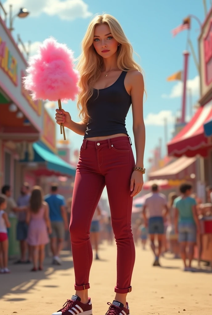 Create a realistic image of a 20 year old woman, Long blonde hair, Blue eyes, cheekbones,
((entire body)) dress in red jeans pants, a black tank top, brand shoes: Adidas (superstars) burgundy, in a fairground, eat cotton candy, background image: a funfair with people, head to toe, whole body