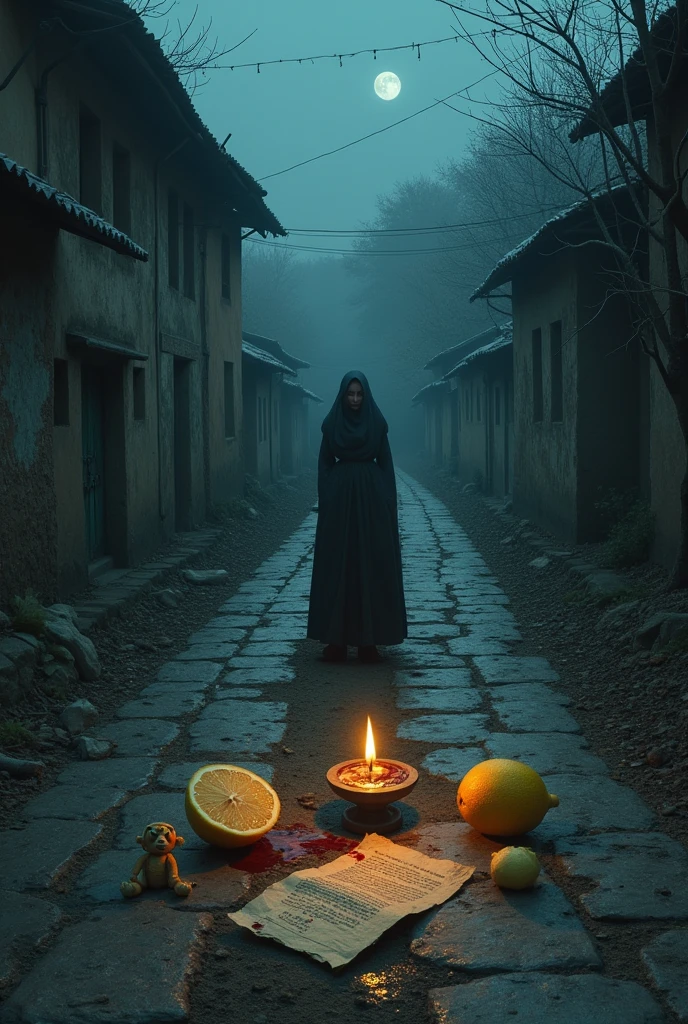 Landscape image featuring a night-time scene in an old village at a crossroads. The scene includes a cut lemon with blood on it, a small dough doll, a ghee lamp, and an old paper in the middle of the path. Nearby, an old, dangerous-looking lady stands menacingly, adding to the eerie and unsettling atmosphere. I