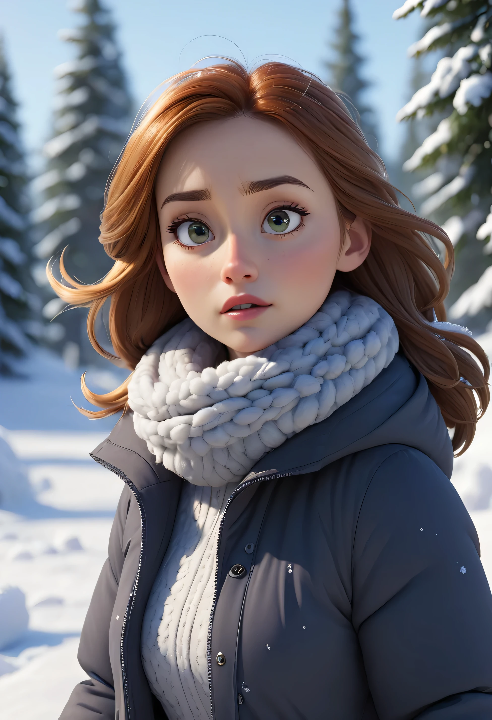 the fit and mature girl walking through snow sadly. Close up. High quality Pixar hyper realistic image. 4k