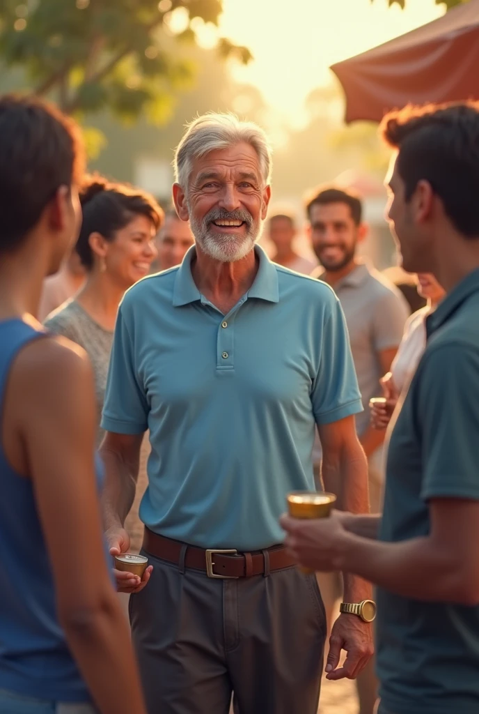an old man of about 7 with gray hair on the sides and a beard in the middle, and gray mustache . wearing a blue polo shirt and dress pants. social shoe, happy and having fun with humble people around you 