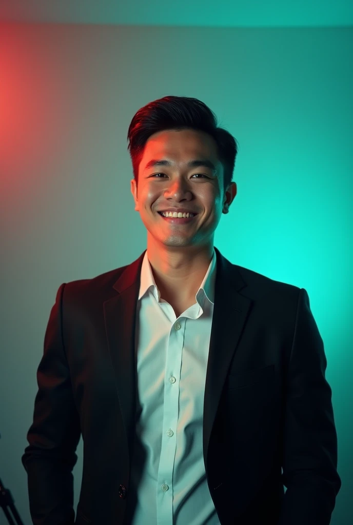 A young man with dark hair and a confident smile. He is dressed in a black blazer over a white shirt. The man is positioned against aqua colour backdrop with a subtle red lighting on the left side. and he posing for Linkedin profile