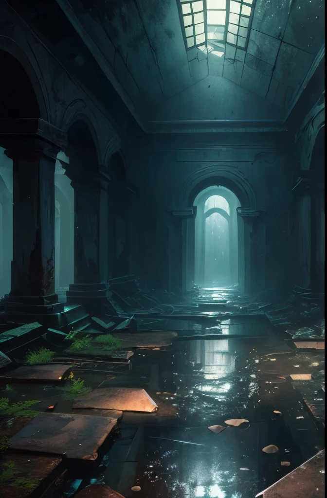 (best quality, masterpiece),( dark sky, heavy rain, inside abandoned temple, low water level stagnant water, ), realistic background, 2112, light*_black_particle,