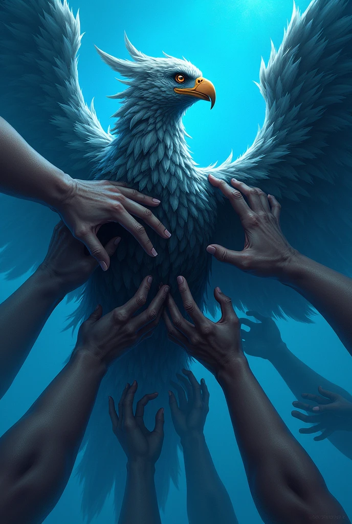 The Garuda bird logo is being tightly gripped by many hands, suffocating it.blue background