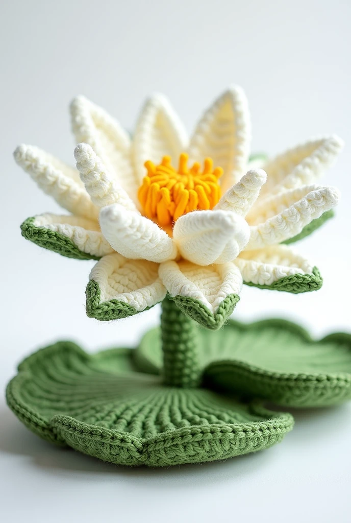 Create a Disney cartoon movie style design of a crochet Victoria Regia with a white background