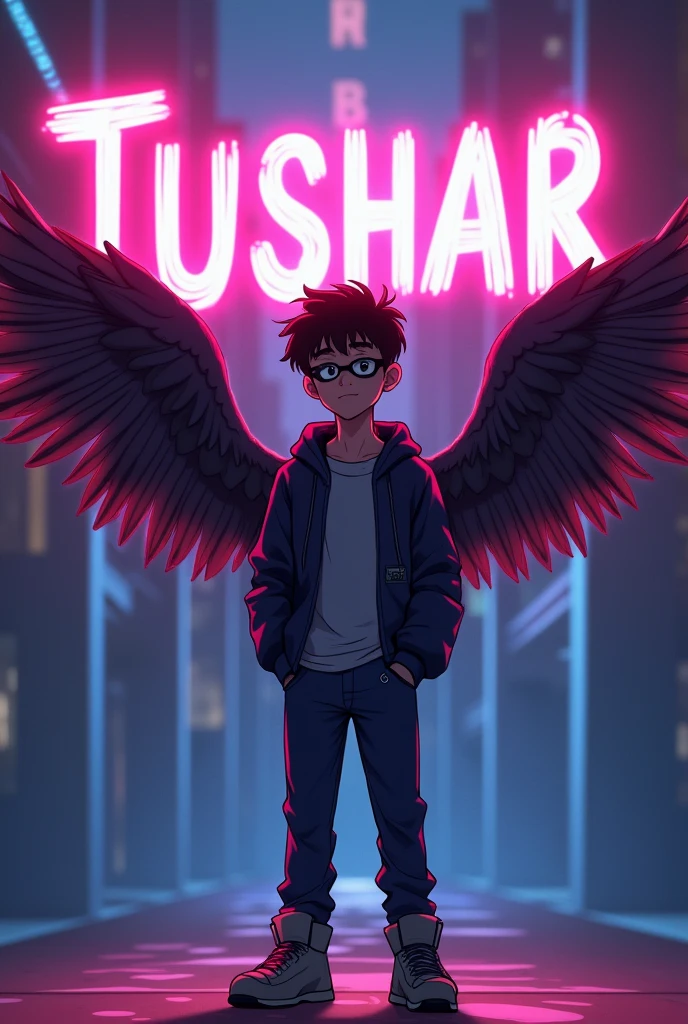 
Tushar Text with neon lights and  young handsome boy with mask and shoush 
with nice looking standing down of letter with boy has big wings looks like Anime 