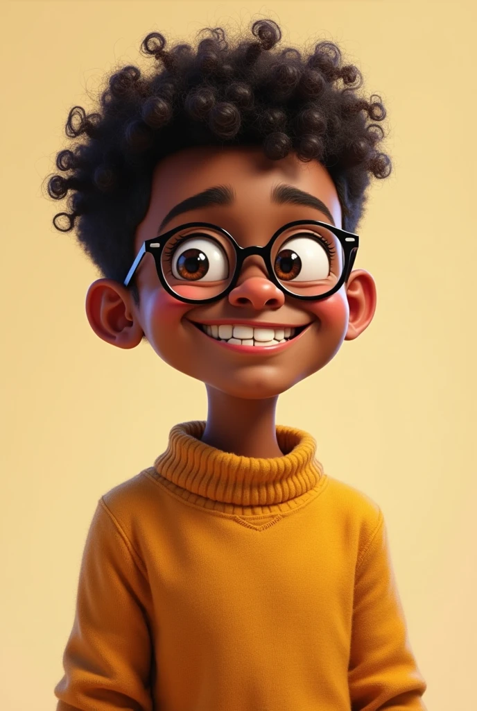 I want a skinny, dark-skinned boy with small eyes who wears glasses, a small nose and a big smile where you can see his teeth., must have churon hair and be dressed in a heater