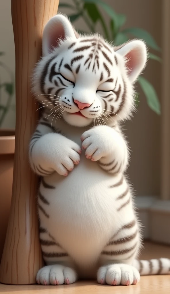 A cute white tiger cub,Real animals, With eyes closed, Cute and cuddly,Fluffy, Delicate and exquisite, Real little tiger,Standing upright against the table legs,Furry and cute big belly,The pattern on the belly is the same as the body,My belly is very big.,The pattern on the belly is the same as the body,Strike a sexy pose,