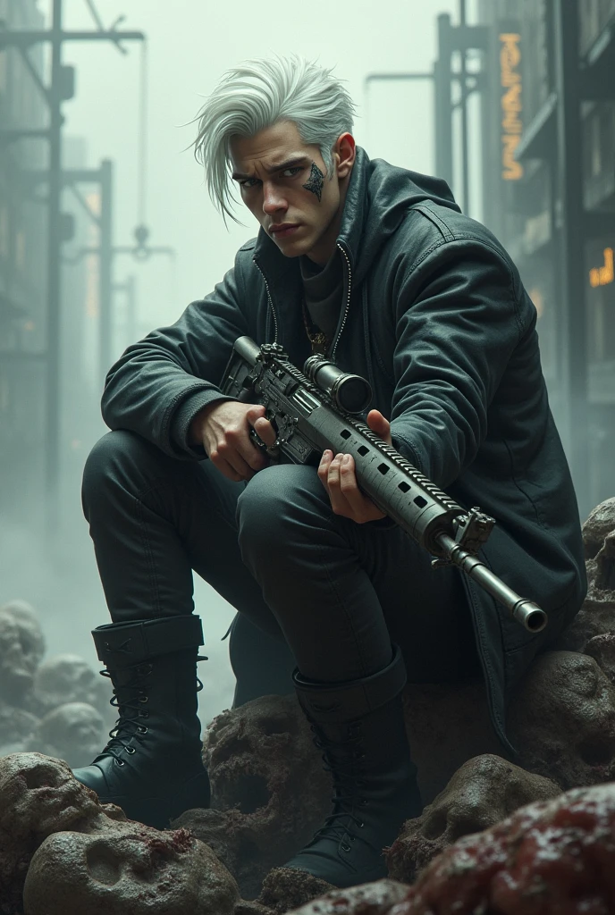 draws a young man with white hair combed back, sitting on a pile of corpses holding a rifle, steampunk style, the boy has a scar on the right side of his face, like a tiger's claw