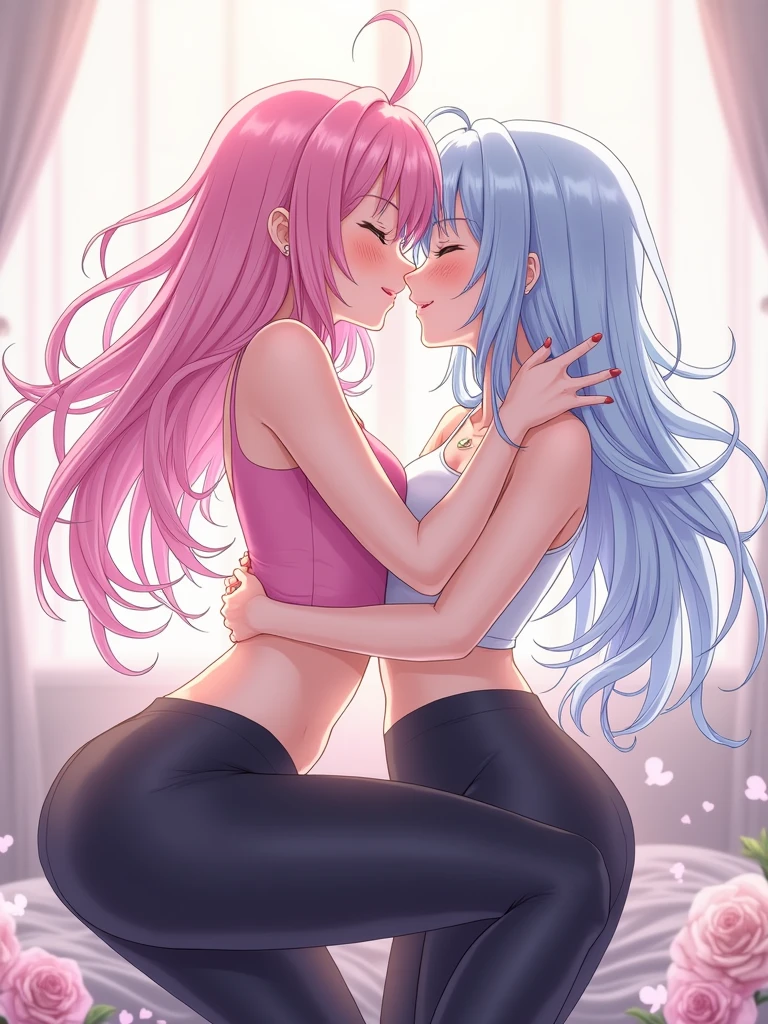 anime girls kissing in leggings ,The first girl with pink hair and light blue stripes,pink top and grey leggings,and navel ring ,the second girl with white top ,black leggings ,light blue hair with pink streaks,and navel ring