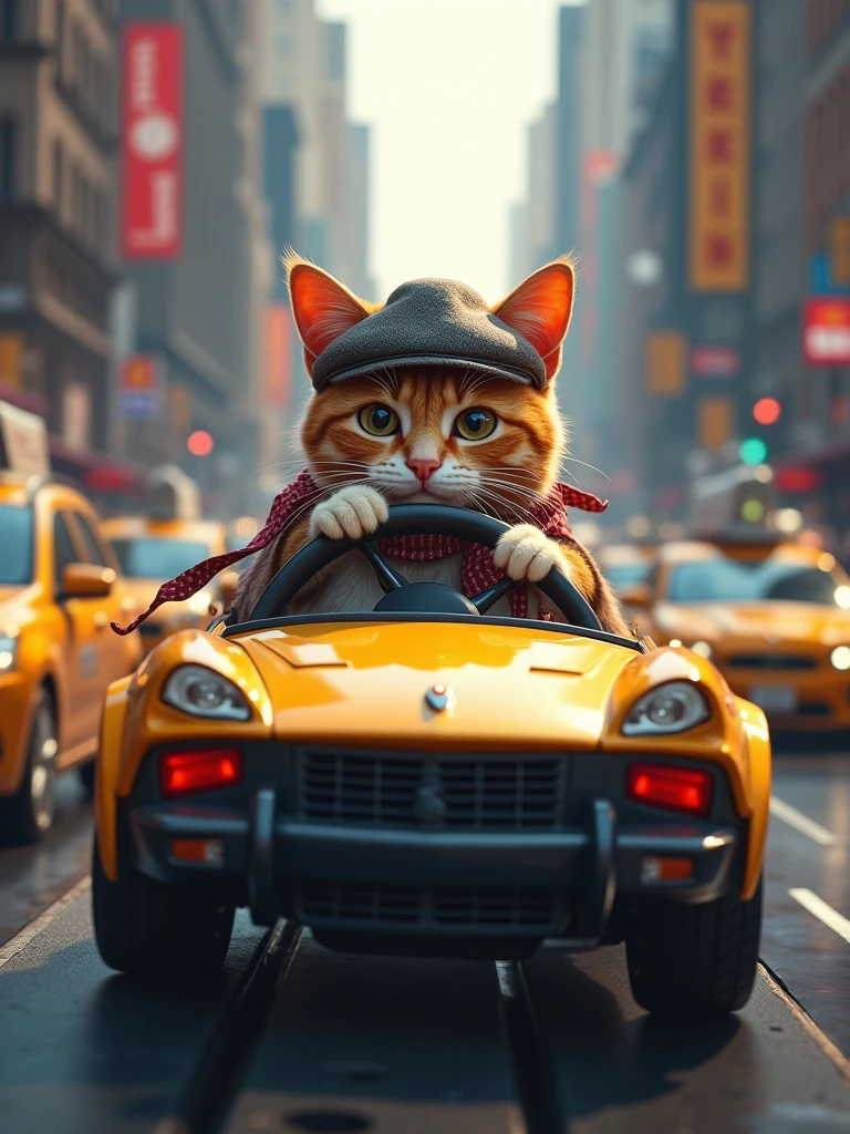 a cat driving a car in New York