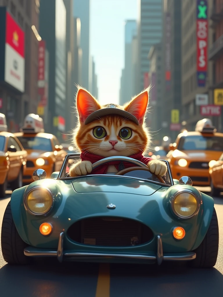 a cat driving a car in New York