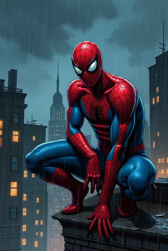 Create a cover for a Spider-Man comic in the classic outfit so that it looks like a dark story, the costume must be from the 1994 spiderman, Make it more cartoonish and dark at Halloween time, Spider-Man must sit down and with his classic costume add rain