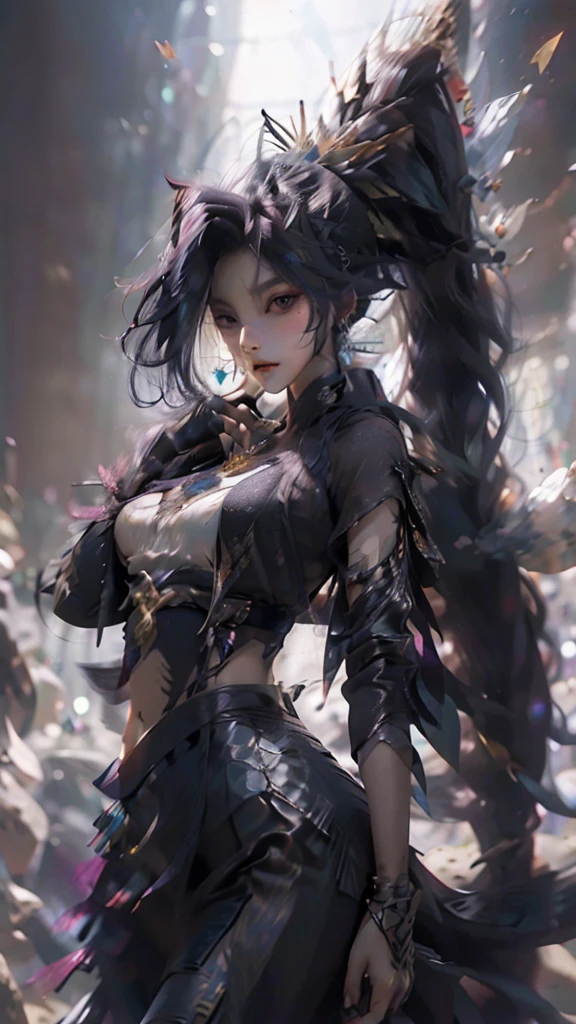 best quality,masterpiece,Ultra-high resolution,photoactual:4：0,black unicorn beast（Dragon head and tiger body）,shiny scales（1：0）,an oriental woman,Black single ponytail long hair shawl,Big breasts,Black dragon scale head style,Wear a black unicorn skirt,