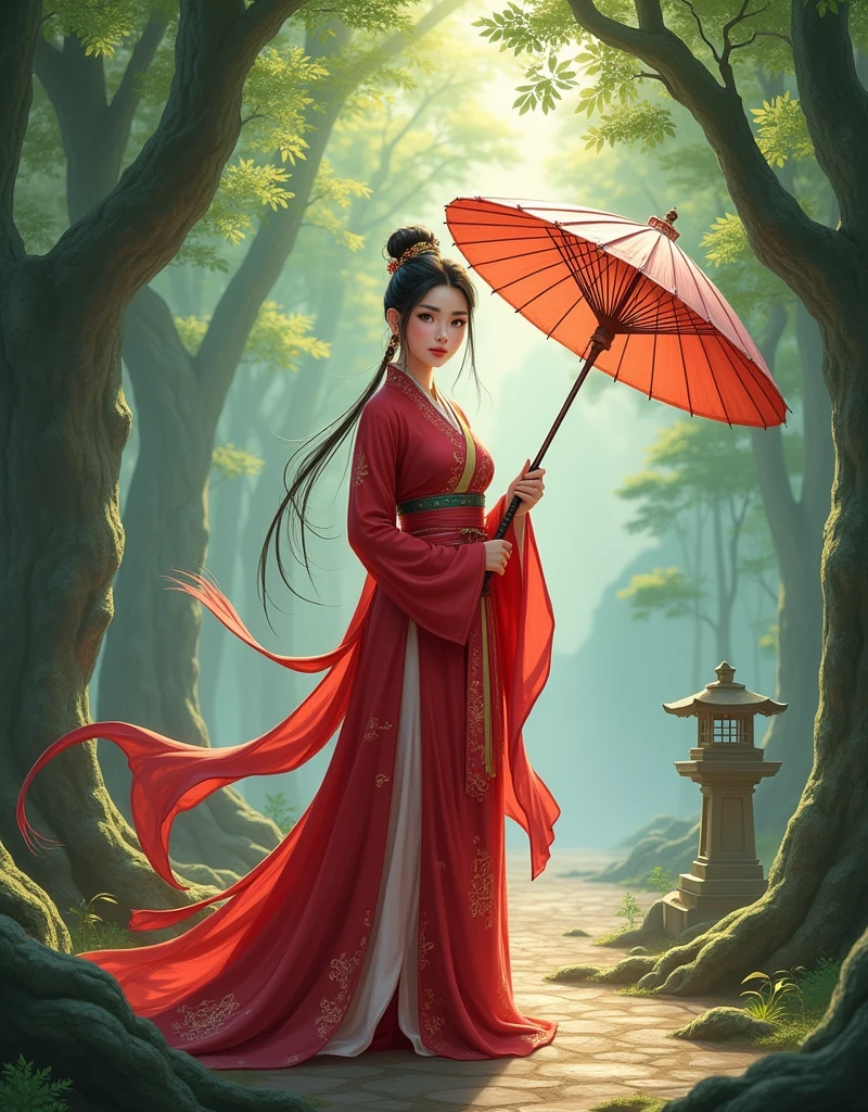 High resolution digital illustration,Depicts a young woman in her late s or early twenties.,Standing in the dense ancient forest。She holds a traditional oil-paper umbrella in one hand,The umbrella is decorated with delicate plum blossom patterns,Symbolizing the fusion of elegance and experience。In her other hand she holds a slender sword,The hilt is engraved with a gorgeous dragon,Representing her established status as a warrior。
Her outfit is inspired by Chinese TV series《Lotus Tower》The red costume worn by Li Lianhua in the middle。She wore a flowing crimson gown,It has delicate gold embroidery on it,Reflects traditional Chinese aesthetics。This outfit includes layering、loose clothing,Move gracefully with her every step,Capturing elegance and power。A long flowing red belt,Plus the deep folds of the robe,Adds a sense of movement and depth to her appearance。Her hair was styled into a classic updo,Complete with jade hairpins and delicate tassels,A few loose strands of hair set off her young and mature face。Her facial features have the innocence of youth,There are also subtle patterns of two or three years of experience in the world of Jianghu.。
Ponder for a moment,She looked back,The expression on his face is a mixture of desire and determination。Her large, almond-shaped eyes convey deep emotion,hinting at the challenges she has faced and the wisdom she has begun to gain.。Lush green forest in the background,Towering old trees,branches form a natural canopy,filter soft sunlight,Casts dappled shadows on the forest floor。
subtle Chinese elements are sprinkled throughout the scene:Stone lamp partially covered with moss、A winding path lined with bamboo groves、And the mist-shrouded mountains in the distance,Adds a mysterious atmosphere。The image captures the essence of a young woman entering the complex world of politics,Blending traditional Chinese aesthetics with iconic red costumes inspired by Li Lianhua,And decorate the umbrella with a simple and elegant plum blossom pattern,Symbolizing her emerging strength and seasoned beauty。