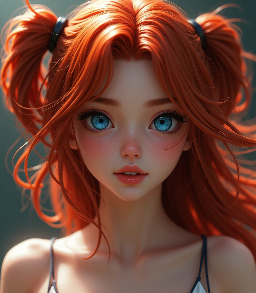 , high quality, Textured skin, Red hair, Hair blowing in the wind, Disheveled Hair, Curly Hair, Triple tail, Wet Hair, Large Breasts, smile, saliva, Heavy breathing,独奏, Very long hair, Anatomically correct, blue eyes, Twin tails, Shiny Hair, Parted bangs, smiling, 