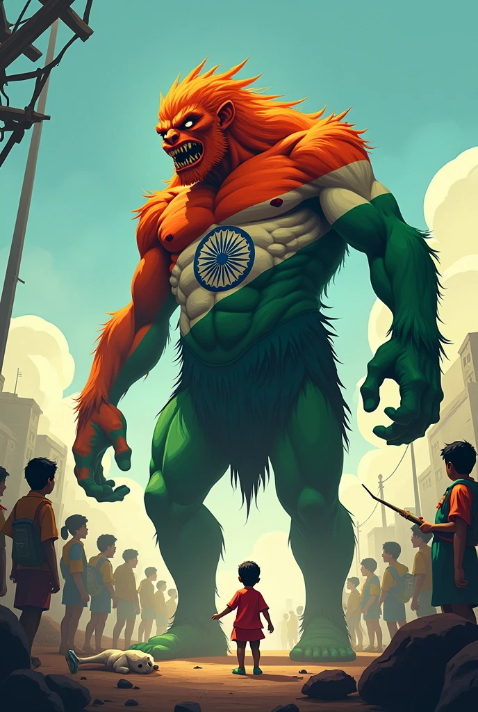 Make a photo about Bangladesh and india relationship of friend but also show background that india has selfish interest and their secret reason of friendliness using colourful animation as india a big monster attacking using indian flag colour body and show that Bangladesh as a pity man using Bangladesh flag colour green and red
