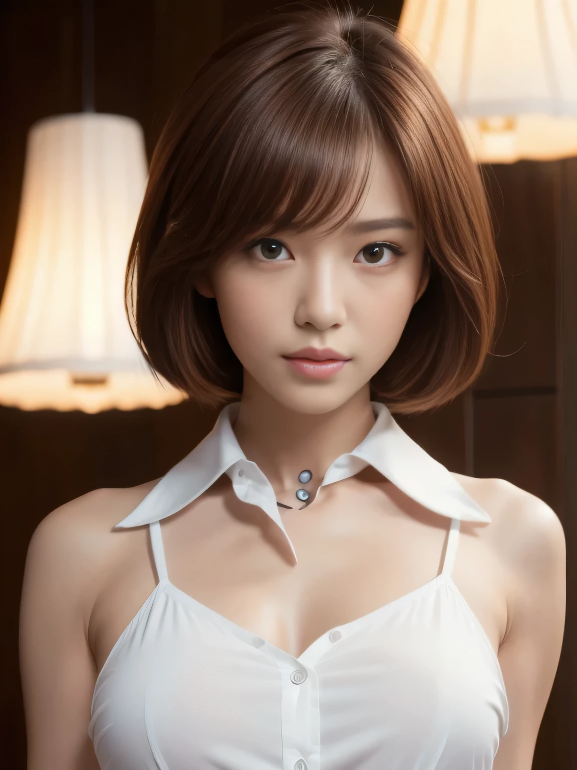 (Detailed skin), (Shiny skin), 8k, Highest quality, masterpiece, Ultra-high resolution, (Realistic:1.4), RAW Photos, (Soft saturation), Mixed-race Japanese women, Red hair, asymmetrical bangs, (Pretty face:1.4), (cinematic lighting:1.3), (Highly detailed face, Highly detailed lips, fine grain, double eyelid, Highly detailed and evenly balanced eyes), (Sharp focus:1.2), ((Full Body Shot)), (Perfect Anatomy:1.3), (Beautiful woman with perfect figure:1.2), (white shirt with collar), (Random poses:1.2),
