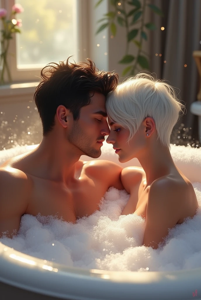 Couple taking bubble bath in bathroom, the woman has very short white hair, violet eyes and light brown skin, and the man is strong and handsome with dark hair