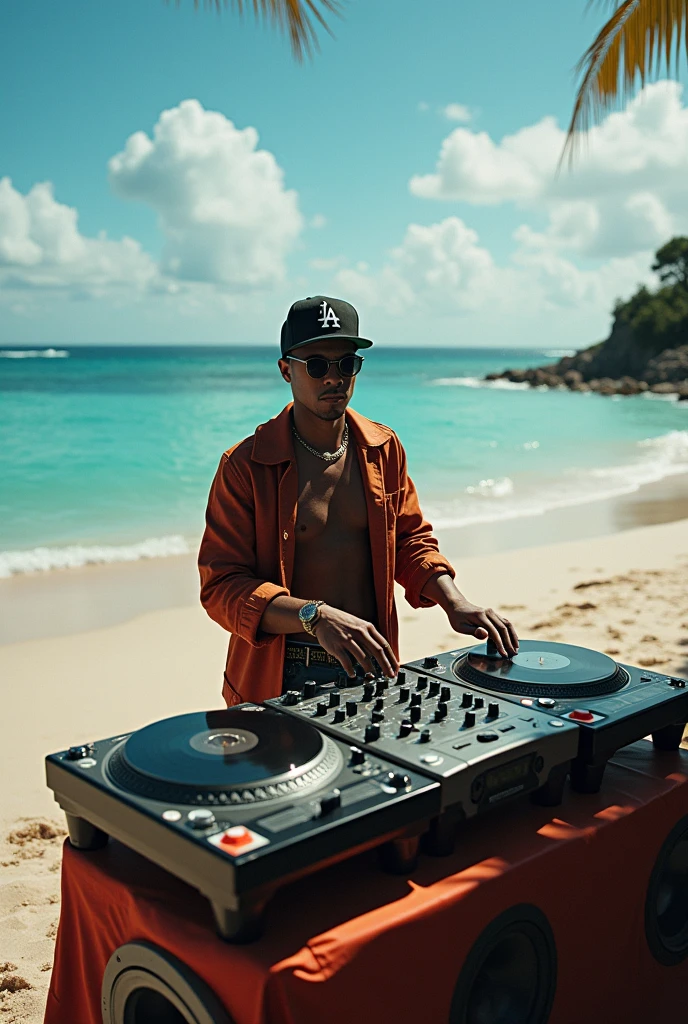 a grown hip hop dj, white, 8k, alta qualidade, multiple colors, hip hop clothed, carrying a large boombox radio speaker, turntables, speakers, vinyl records, epic, beach background,seen from above