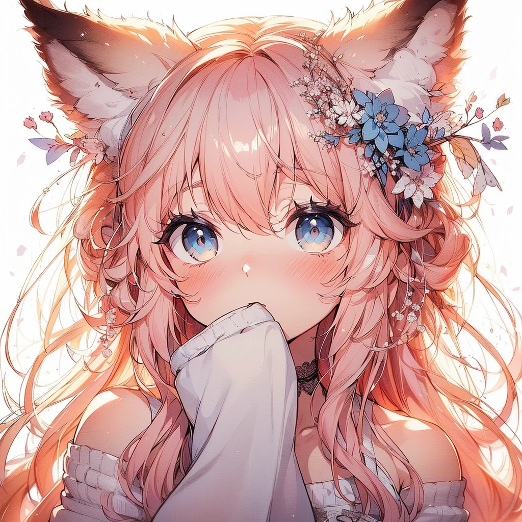 (An exquisite and beautiful highly detailed masterpiece, High quality and high resolution),(A two-dimensional illustration inspired by pixiv, featuring a delicate and beautiful face with a mature, clear, well-balanced look drawn with thin lines. A cute and delicate beautiful girl illustration in pastel colors.),A beautiful, gentle and quiet girl with fluffy fox ears and a tail, cat-like animal eyes, a small mouth, a high nose, and small, sharp fangs, blushes and shyly covers her mouth with both hands, looking up.,Sleeveless sweater,Floating hearts on a white background,(She has light brown, wavy bob hair, fair skin, short eyebrows, pale pink cheeks, a very small nose, small pointed fangs in her mouth, plump pink lips, beautiful animal-like eyes, and a fairly large, plump bust. She is a cute girl with a good figure.),Vibrant colors that stand out,Colored pencil art,Heart mark behind the eyes,Kissing Face