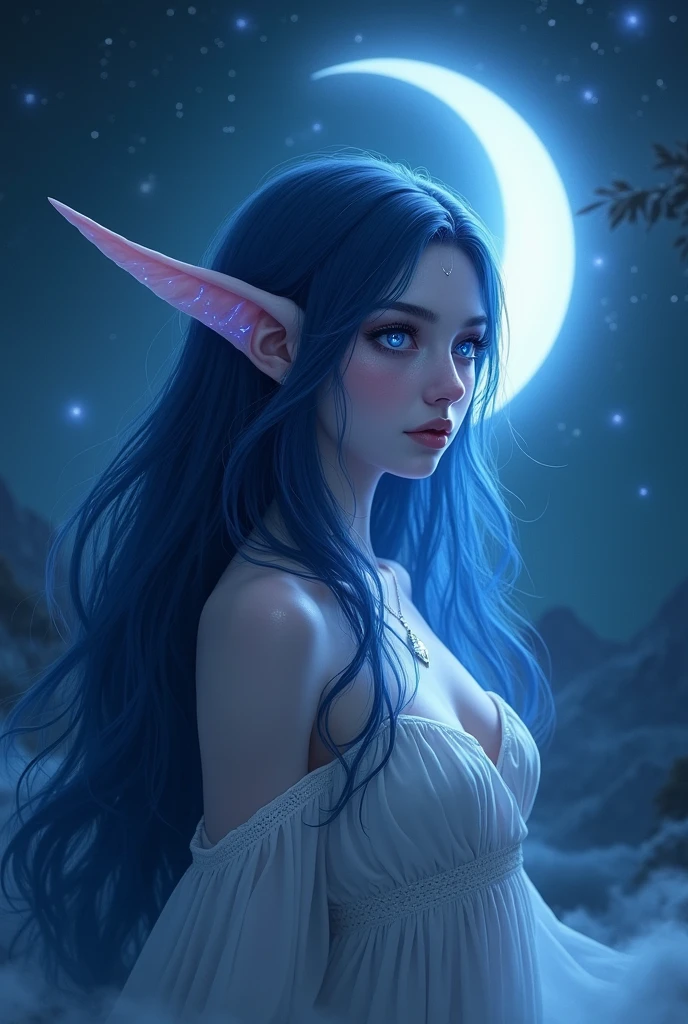 Moon elf with pale blue skin, dark blue hair and dark blue eyes