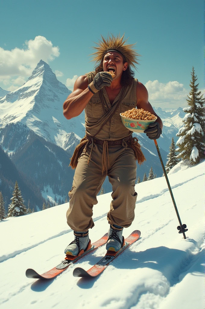 A Gilligan's island savage eating cocoa puffs while skiing